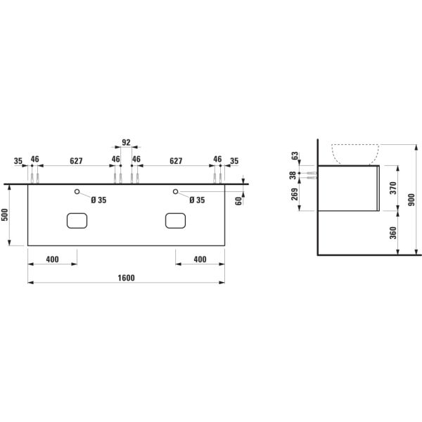 LAUFEN ILBAGNOALESSI Zásuvkový element 1600, s 2 zásuvkami, s výrezom vľavo a vpravo, top Calce Avorio vr. otvoru pre batériu, pre umývadlo H818975/6. H818977/8, 1600x500x370 mm, Noce Canaletto – drevená dyha 630, H4313570976301