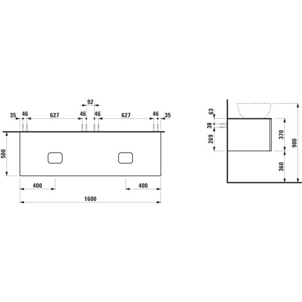 LAUFEN ILBAGNOALESSI Zásuvkový element 1600,s 2 zásuvkami, s výrezom vľavo a vpravo, top Marrone Naturale, pre umývadlo H818975/6, H818977/8, 1600x500x370 mm, Biela matná 260, H4323540972601