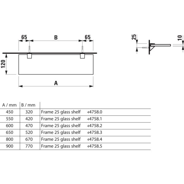 LAUFEN FRAME 25 Sklenená polička s 2 upevnením na stenu 650 x120 mm, Biela 000, H4475839000001