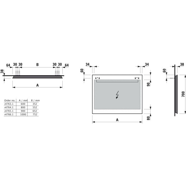 LAUFEN LEELO Zrkadlo, 600 mm v hliníkovom ráme, s vodorovným LED osvetlením, pre externý vypínač, 4000 K, IP44, 600x700 mm, Zrkadlo 144, H4476319501441