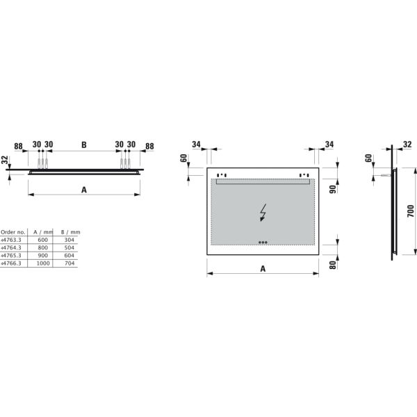 LAUFEN LEELO Zrkadlo, 600 mm v hliníkovom ráme, s vodorovným LED osvetlením a priestorovým osvetlením, 3 dotykové senzory (Zap-Vyp/Stmievanie/Zmena farebnej teploty 2700 - 6000 K), IP44, 600x700 mm, Zrkadlo 144, H4476339501441