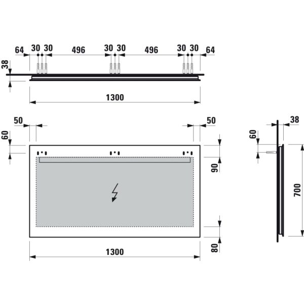 LAUFEN LEELO Zrkadlo, 1300 mm v hliníkovom ráme, s vodorovným LED osvetlením, pre externý vypínač, 4000 K, IP44, 1300x700 mm, Zrkadlo 144, H4476819501441
