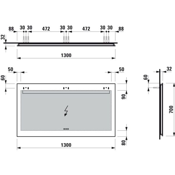 LAUFEN LEELO Zrkadlo, 1300 mm v hliníkovom ráme, s vodorovným LED osvetlením a priestorovým osvetlením, 3 dotykové senzory (Zap-Vyp/Stmievanie/Zmena farebnej teploty 2700 - 6000 K), IP44, 1300x700 mm, Zrkadlo 144, H4476839501441