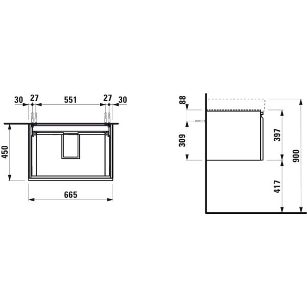 LAUFEN LAUFEN PRO S Skrinka pod umývadlo 810967 so zásuvkou a vnútornou zásuvkou, 665x450x390 mm, Grafit matný 480, H4834520964801