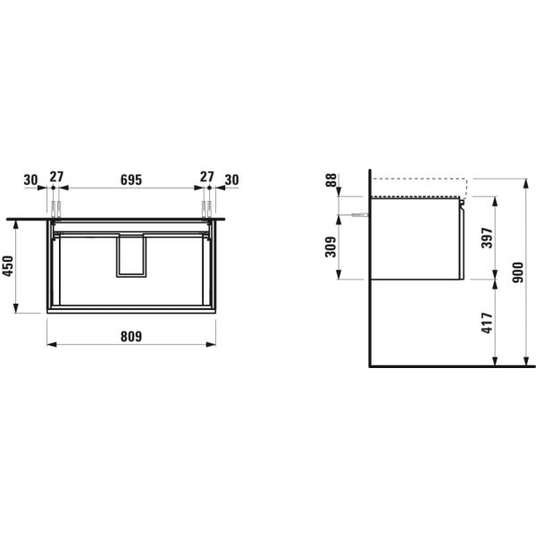 LAUFEN LAUFEN PRO S Skrinka pod umývadlo 813965 so zásuvkou a vnútornou zásuvkou, 810x450x390 mm, Grafit matný 480, H4835020964801