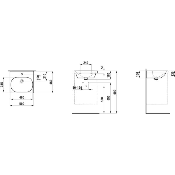 LAUFEN LUA Umývadlo s jedným otvorom pre batériu uprostred s prepadom, 500x460 mm, farba Biela, H8100810001041