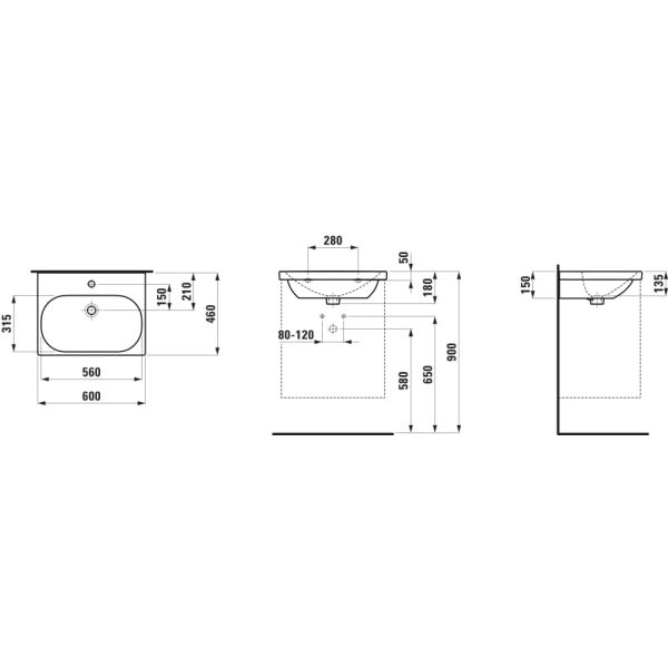 LAUFEN LUA Umývadlo bez otvrou pre batériu, bez prepadu a bez otvoru v odtokovom ventile, 600x460 mm, farba Biela, H8100830001421