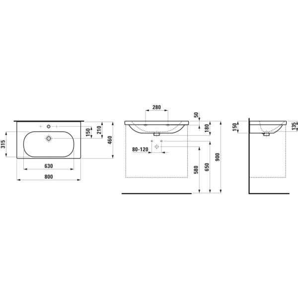 LAUFEN LUA Umývadlo s jedným otvrom pre batériu, bez prepadu a bez otvoru v odtokovom ventile, 800x460 mm, farba Biela LCC, H8100874001561