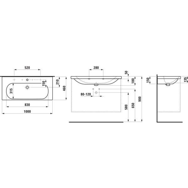 LAUFEN LUA Umývadlo s jedným otvrom pre batériu, bez prepadu a bez otvoru v odtokovom ventile, 1000x460 mm, farba Biela LCC, H8100894001561