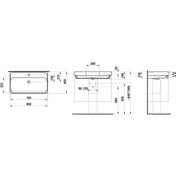 LAUFEN MEDA Umývadlo s tromi otvormi pre batériu s prepadom, 800x460 mm, farba Grafit mat, H8101177581081