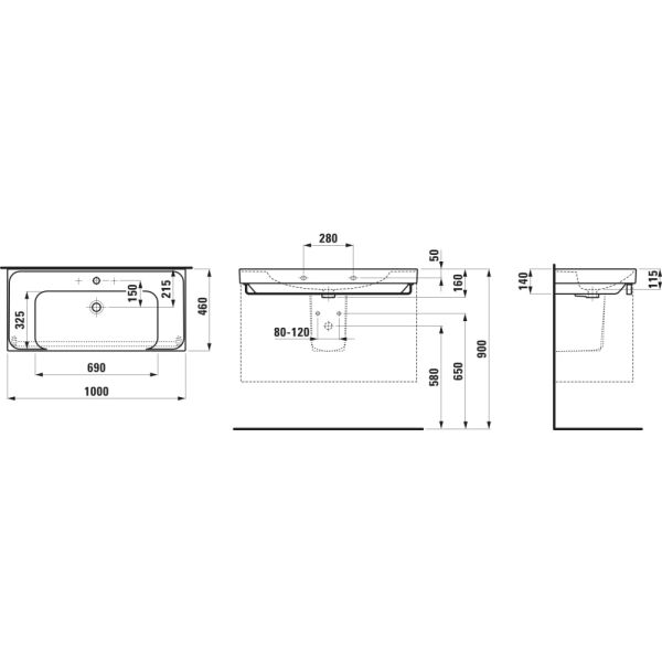 LAUFEN MEDA Umývadlo, odkladacia plocha vpravo a vľavo s jedným otvorom pre batériu uprostred s prepadom, 1000x460 mm, farba Grafit mat, H8101197581041