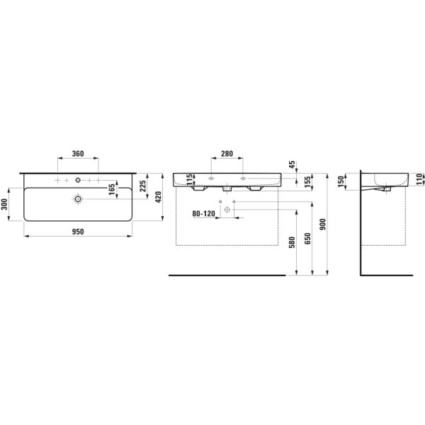 LAUFEN VAL Umývadlo s dvoma otvormi pre dve batérie s prepadom, SaphirKeramik, 950x420 mm, farba Biela LCC Active, H810287A001071