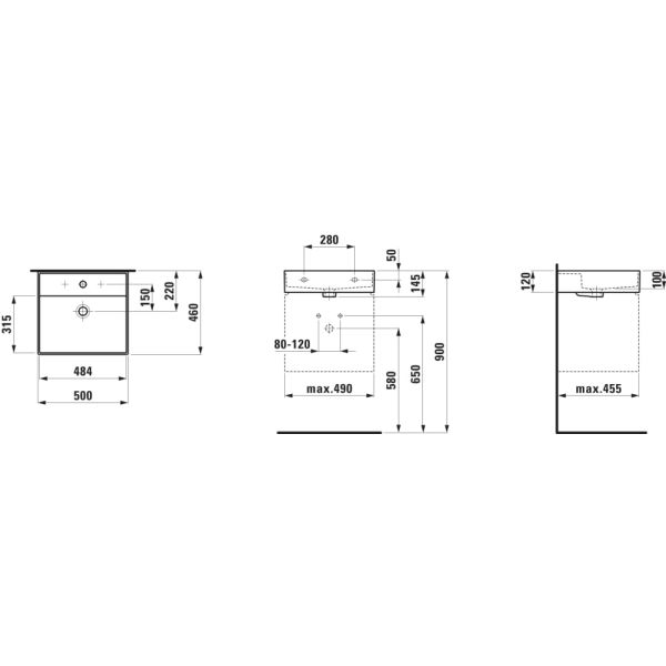 LAUFEN Kartell LAUFEN Umývadlo bez otvrou pre batériu s prepadom, 500x460 mm, farba Grafit mat, H8103327581091