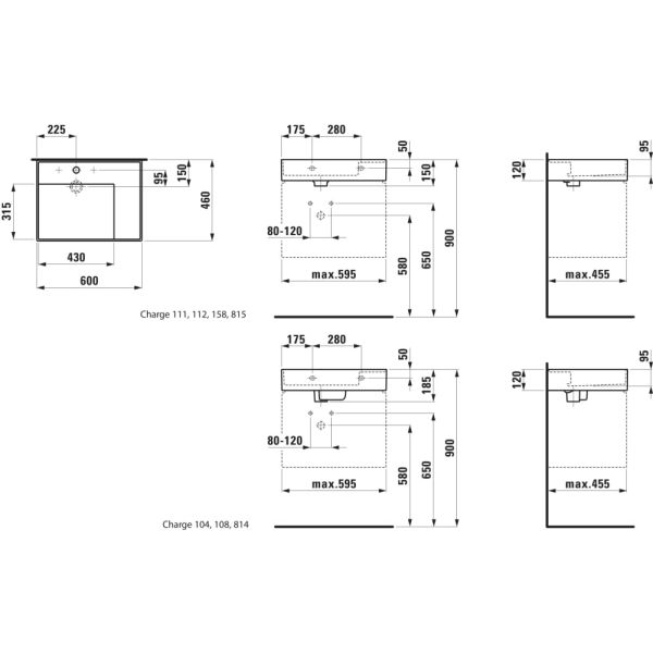 LAUFEN Kartell LAUFEN Umývadlo, odkladacia plocha vpravo, so skrytým odpadom s tromi otvormi pre batériu, bez prepadu, SaphirKeramik, 600x460 mm, farba Biela LCC, H8103344001581