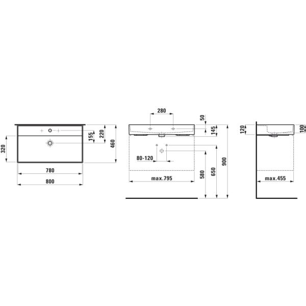 LAUFEN Kartell LAUFEN Umývadlo bez otvoru pre batériu, bez prepadu, 800x460 mm, farba Čierna matná, H8103367161121