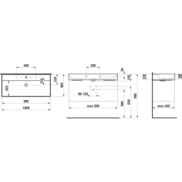LAUFEN Kartell LAUFEN Umývadlo bez otvrou pre batériu s prepadom, 1000x460 mm, farba Čierna lesklá, H8103370201091