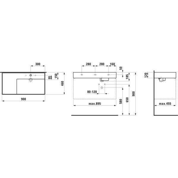 LAUFEN Kartell LAUFEN Umývadlo, odkladacia plocha vľavo, so skrytým odpadom s jedným otvorm pre batériu uprostred a jedným otvorom vpravo, bez prepadu, SaphirKeramik, 900x460 mm, farba Čierna matná, H8103397168151