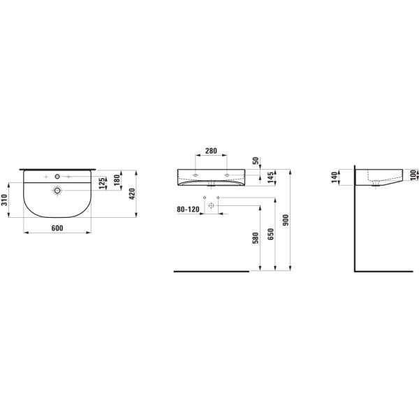 LAUFEN SONAR Umývadlo s jedným otvrom pre batériu, bez prepadu a bez otvoru v odtokovom ventile, SaphirKeramik, 600x420 mm, farba Biela matná, H8103427571561