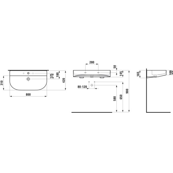 LAUFEN SONAR Umývadlo bez otvrou pre batériu s prepadom, SaphirKeramik, 800x420 mm, farba Biela matná, H8103447571091