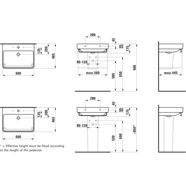 LAUFEN LAUFEN PRO S Umývadlo bez otvrou pre batériu, bez prepadu a bez otvoru v odtokovom ventile, 600x465 mm, farba Biela LCC, H8109634001421