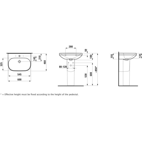 LAUFEN LUA Umývadlo s jedným otvrom pre batériu, bez prepadu a bez otvoru v odtokovom ventile, 600x460 mm, farba Biela LCC, H8110834001561