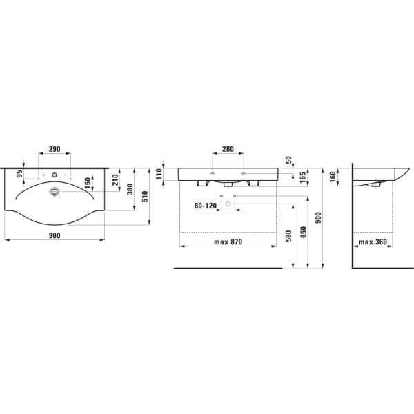 LAUFEN PALACE Umývadlo bez držiaku na uterák s tromi otvormi pre batériu s prepadom, 900x510 mm, farba Biela, H8117020001081