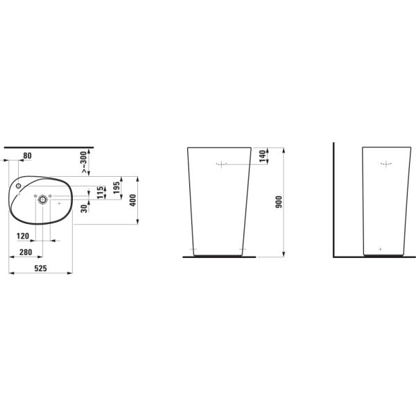 LAUFEN PALOMBA COLLECTION Voľne stojace umývadlo bez otvrou pre batériu s prepadom, 525x400 mm, farba Biela LCC, H8118034001091