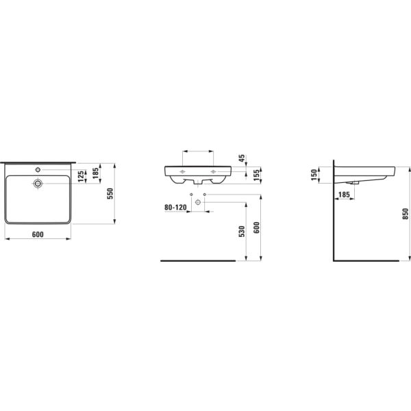 LAUFEN PRO LIBERTY Umývadlo bez otvrou pre batériu, bez prepadu a bez otvoru v odtokovom ventile, 600x550 mm, farba Biela LCC Active, H811950A001421