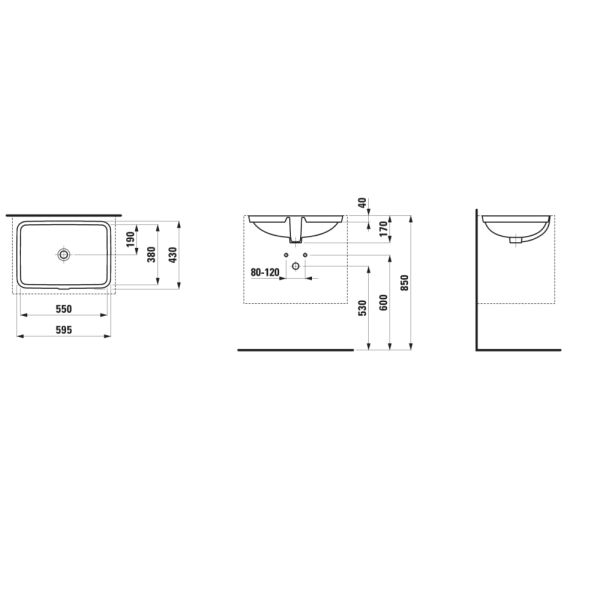 LAUFEN LAUFEN PRO S Vstavané umývadlo, brúsená spodná hrana bez otvrou pre batériu s prepadom, 550x380 mm, farba Biela LCC, H8119684001091