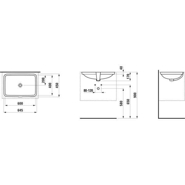 LAUFEN LAUFEN PRO S Vstavané umývadlo bez otvrou pre batériu s prepadom, 600x400 mm, farba Biela LCC Active, H811969A001091