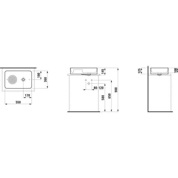 LAUFEN VAL Umývadlová misa, s odkladacou plochou bez otvrou pre batériu s prepadom, SaphirKeramik, 550x360 mm, farba Čierna matná, H8122827161091