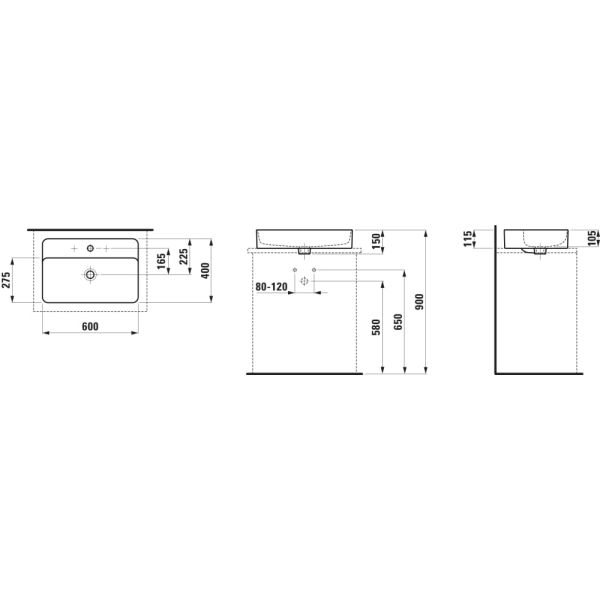 LAUFEN VAL Umývadlová misa, s armatúrnou doskou s jedným otvorom pre batériu, bez prepadu, SaphirKeramik, 600x400 mm, farba Biela LCC Active, H812285A001111