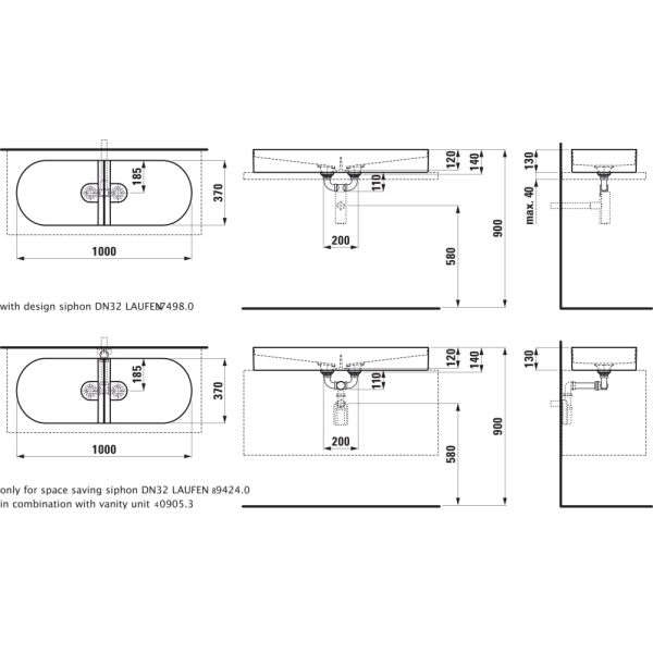 LAUFEN SONAR Umývadlová misa bez armatúrnej dosky, bez prepadu bez otvoru pre batériu, bez prepadu, SaphirKeramik, 1000x370 mm, farba Biela, H8123480001121