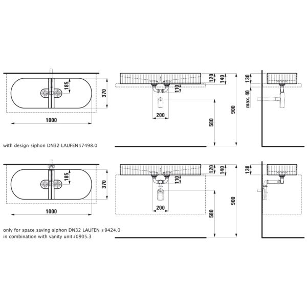 LAUFEN SONAR Umývadlová misa bez armatúrnej dosky, bez prepadu bez otvoru pre batériu, bez prepadu, SaphirKeramik, 1000x370 mm, farba Biela, H8123490001121