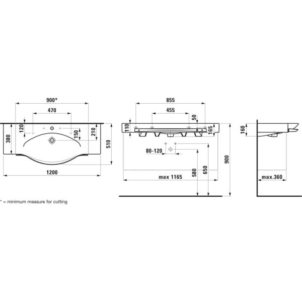LAUFEN PALACE Umývadlo s držiakom na uterák s jedným otvorom pre batériu, s prepadom, rezané z jednej strany do 90 cm, 1200x510 mm, farba Biela, H8127040001351