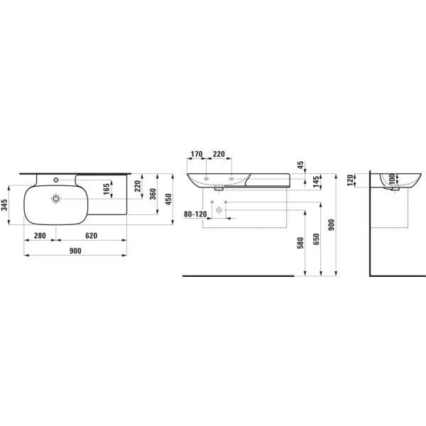 LAUFEN INO Umývadlo, odkladacia plocha vpravo s jedným otvorom pre batériu, bez prepadu, SaphirKeramik, 900x450 mm, farba Biela LCC, H8133024001111
