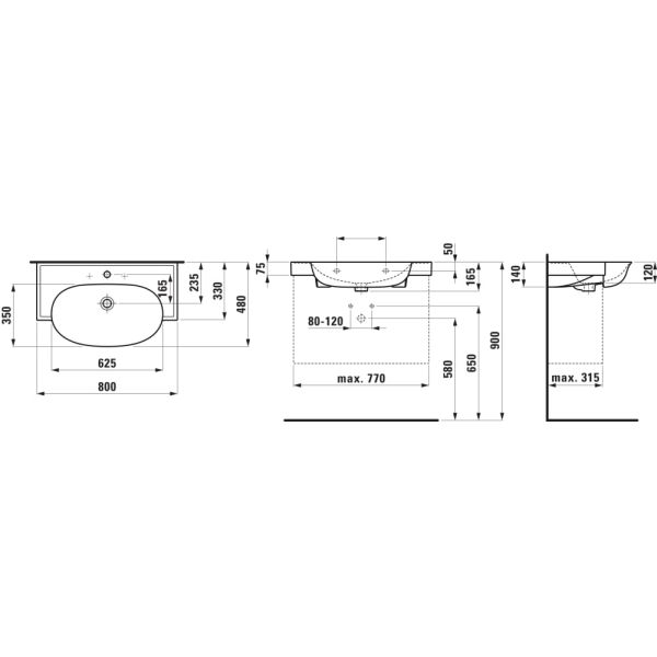 LAUFEN THE NEW CLASSIC Umývadlo do nábytku s tromi otvormi pre batériu, bez prepadu, SaphirKeramik, 800x480 mm, farba Biela LCC, H8138554001581