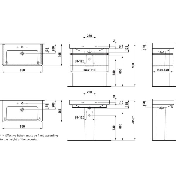 LAUFEN LAUFEN PRO S Umývadlo s jedným otvorom pre batériu uprostred s prepadom, 850x465 mm, farba Biela LCC Active, H813965A001041
