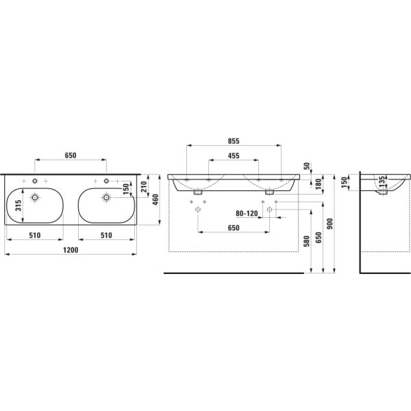 LAUFEN LUA Dvojumývadlo bez otvrou pre batériu, bez prepadu a bez otvoru v odtokovom ventile, 1200x460 mm, farba Biela LCC, H8140814001421