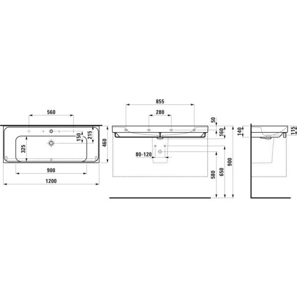 LAUFEN MEDA Umývadlo bez otvrou pre batériu s prepadom, 1200x460 mm, farba Grafit mat, H8141117581091