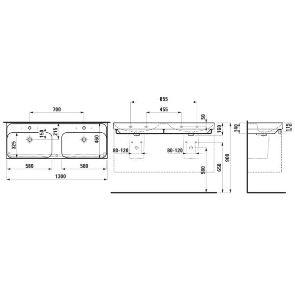 LAUFEN MEDA Dvojumývadlo bez otvoru pre batériu, bez prepadu, 1300x460 mm, farba Grafit mat, H8141127581121