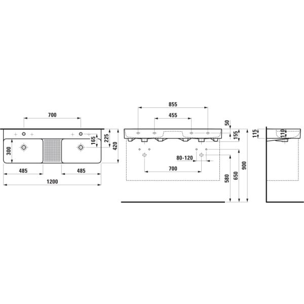 LAUFEN VAL Dvojumývadlo do nábytku, so zníženou odkladacou plochou s reliéfom s tromi otvormi pre batériu s prepadom, SaphirKeramik, 1200x420 mm, farba Čierna matná, H8142827161081