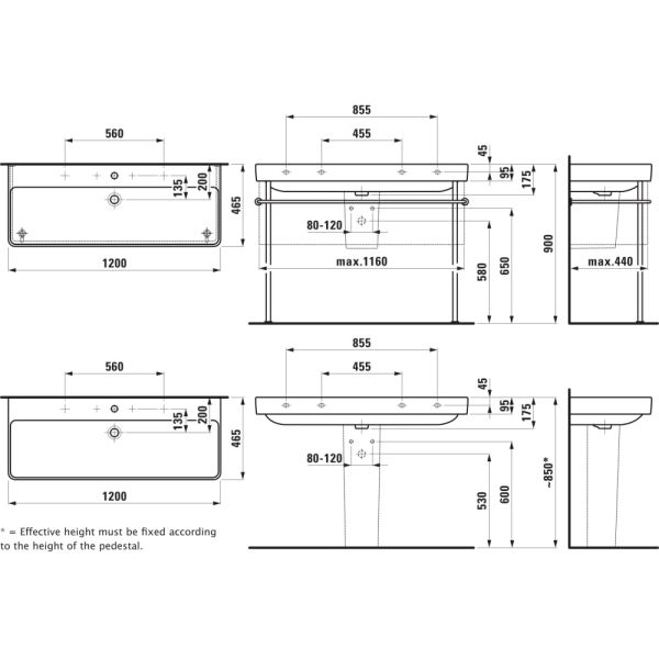 LAUFEN LAUFEN PRO S Dvojumývadlo do nábytku bez otvrou pre batériu s prepadom, 1200x465 mm, farba Biela, H8149650001091