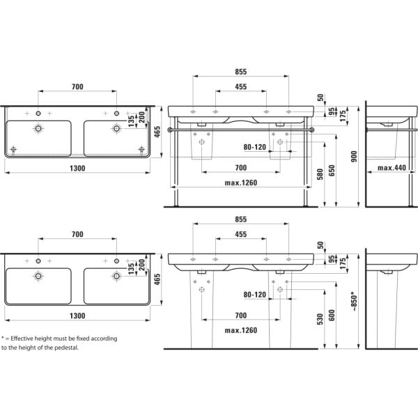 LAUFEN LAUFEN PRO S Dvojumývadlo do nábytku s jedným otvorom pre batériu uprostred s prepadom, 1300x465 mm, farba Biela LCC Active, H814968A001041