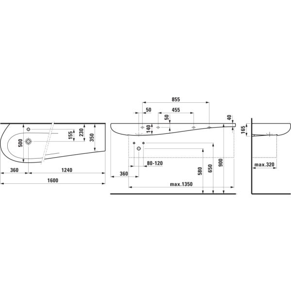 LAUFEN ILBAGNOALESSI Umývadlo do nábytku, asymetrické, odkladacia plocha vpravo s jedným otvorom pre batériu uprostred s prepadom, 1600x500 mm, farba Biela LCC, H8149714001041