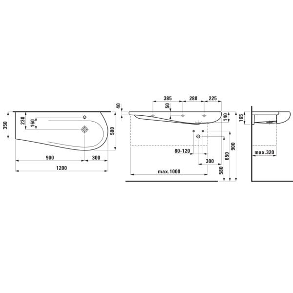 LAUFEN ILBAGNOALESSI Umývadlo do nábytku, asymetrické, odkladacia plocha vľavo bez otvrou pre batériu s prepadom, 1200x500 mm, farba Čierna matná, H8149747161091