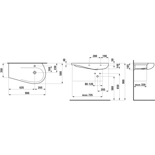 LAUFEN ILBAGNOALESSI Umývadlo do nábytku, asymetrické, odkladacia plocha vľavo, 900x500 mm, Biela matná 757, H8149767571041