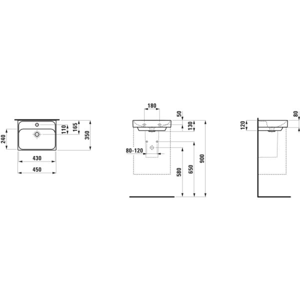 LAUFEN MEDA Umývadielko bez otvrou pre batériu s prepadom, 450x350 mm, farba Biela LCC, H8151114001091