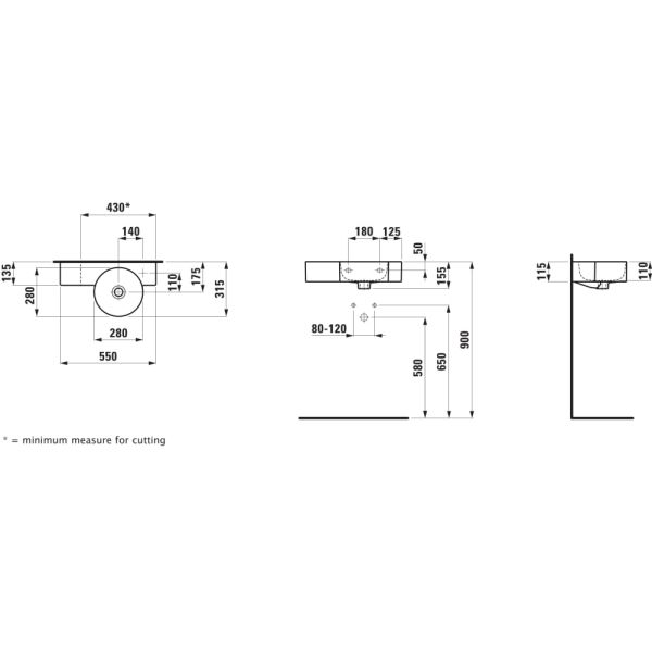 LAUFEN VAL Okrúhle umývadielko, s odkladacou plochou vľavo bez otvoru pre batériu, bez prepadu, SaphirKeramik, 550x315 mm, farba Grafit mat, H8152847581121