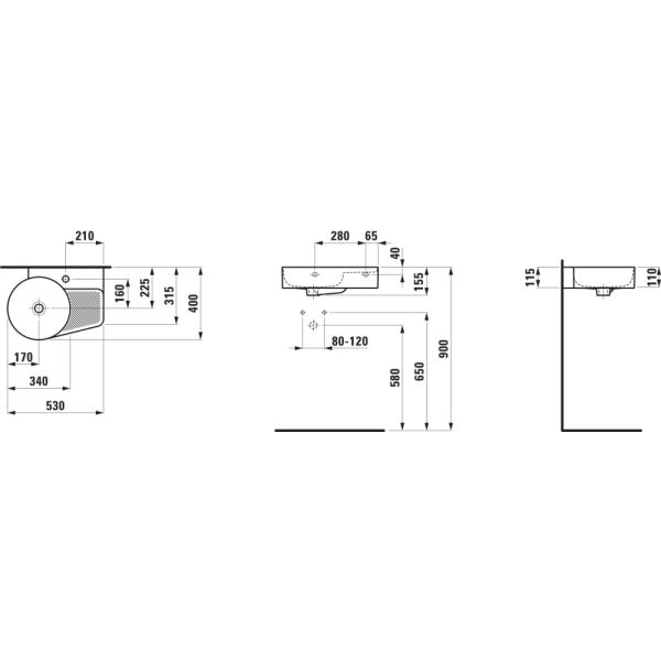 LAUFEN VAL Umývadielko bez otvrou pre batériu s prepadom, SaphirKeramik, 530x400 mm, farba Čierna matná, H8152887161091